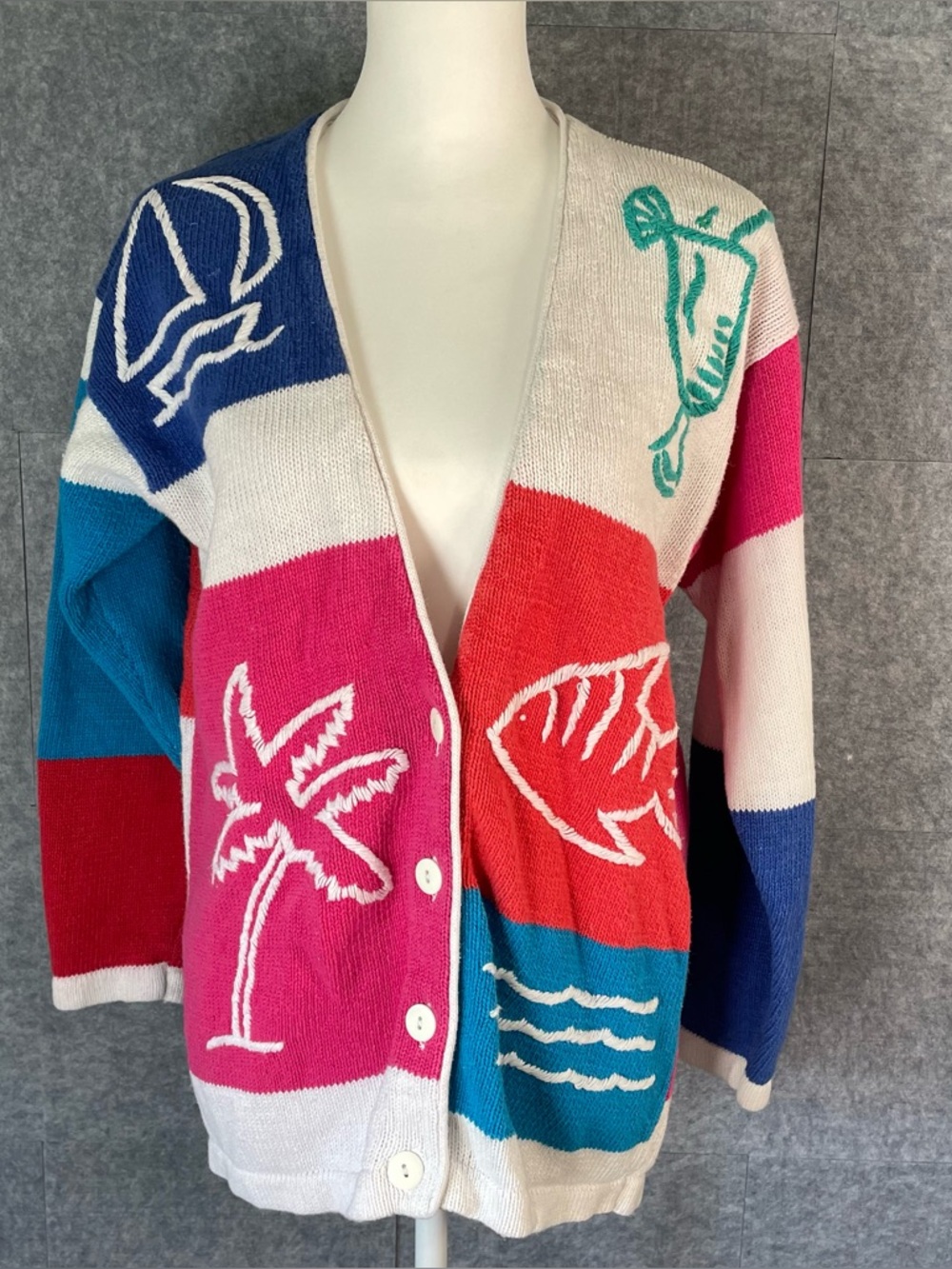 VTG 90s Brittany Lane Beach Coastal Grandma Colorblock Embroidered Cardigan